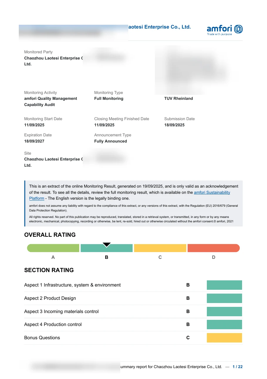 Redacted first page of the BSCI monitoring summary